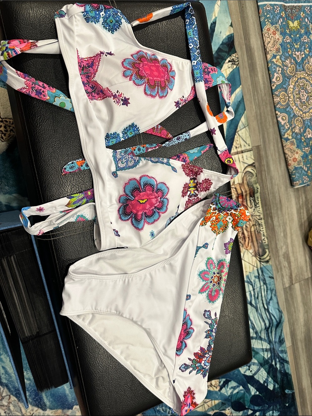 SHEIN White Floral Strappy Bikini with Pink, Blue & Orange Accents